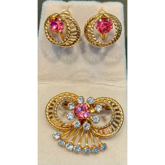 Van Dell Demi-Parure Gold Brooch and Earrings Vintage Set in Gold and Pink - Picture 12 of 12